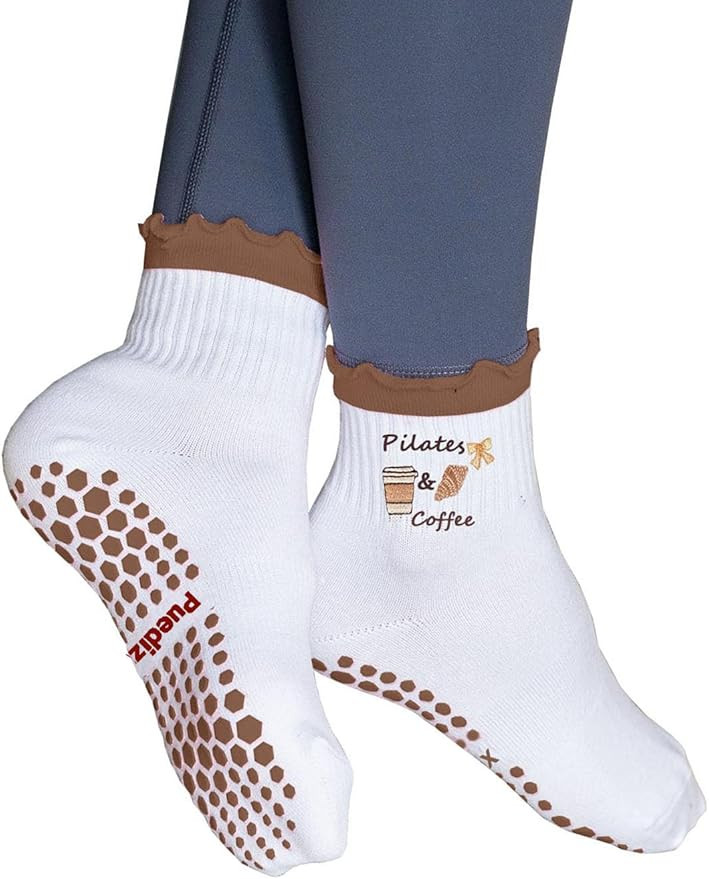 Women Cute Pilates Socks Grip Crew Yoga Socks Ruffle Cuff Embroidery Pattern Workout Ballet Socks | Amazon (US)
