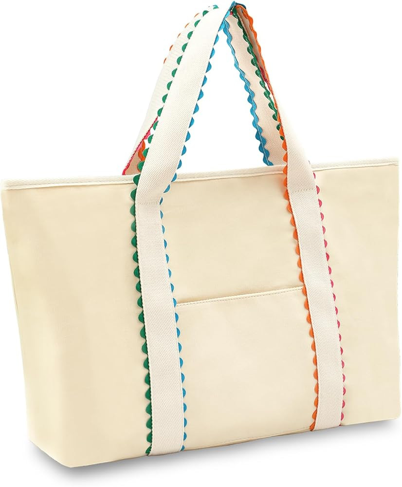 Canvas Tote Bag for Women, Rainbow Rick Rack Trim Handbag, Large Shoulder Tote with Pocket, Perfe... | Amazon (US)