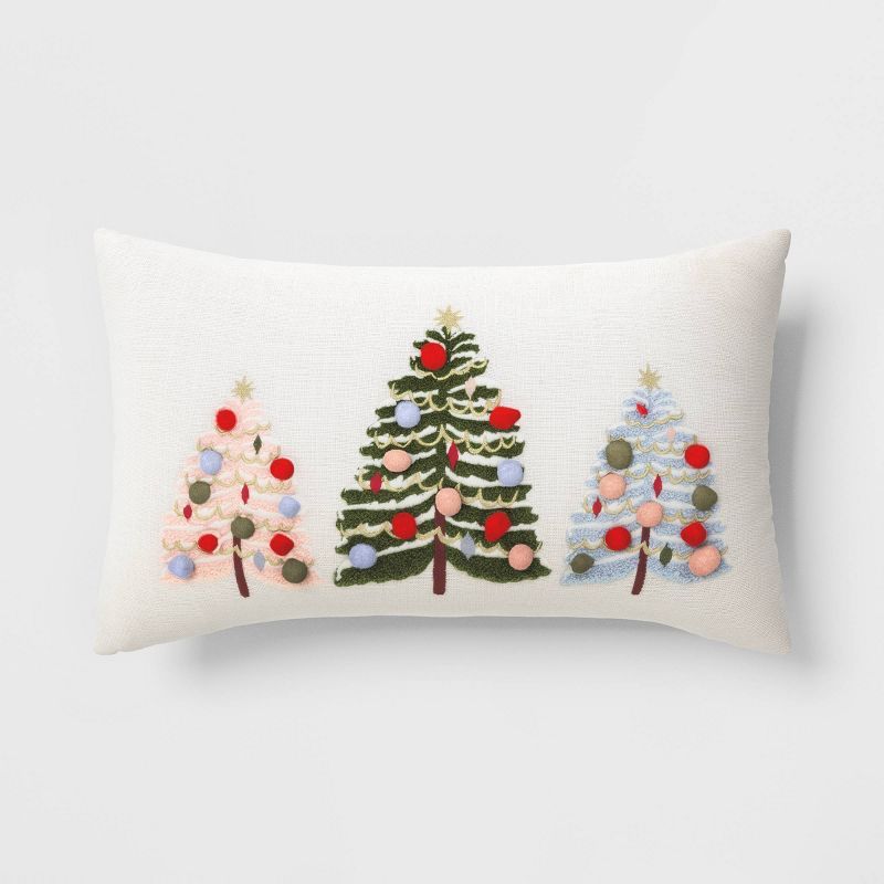 Embroidered Christmas Trees Lumbar Christmas Throw Pillow with Pom Poms Ivory - Threshold™ | Target