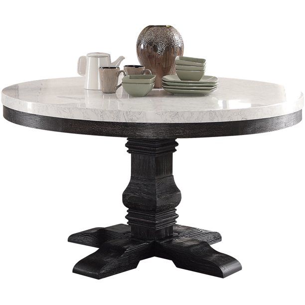 Acme Furniture Nolan Pedestal Round Dining Table, White Marble & Weathered Black | Walmart (US)