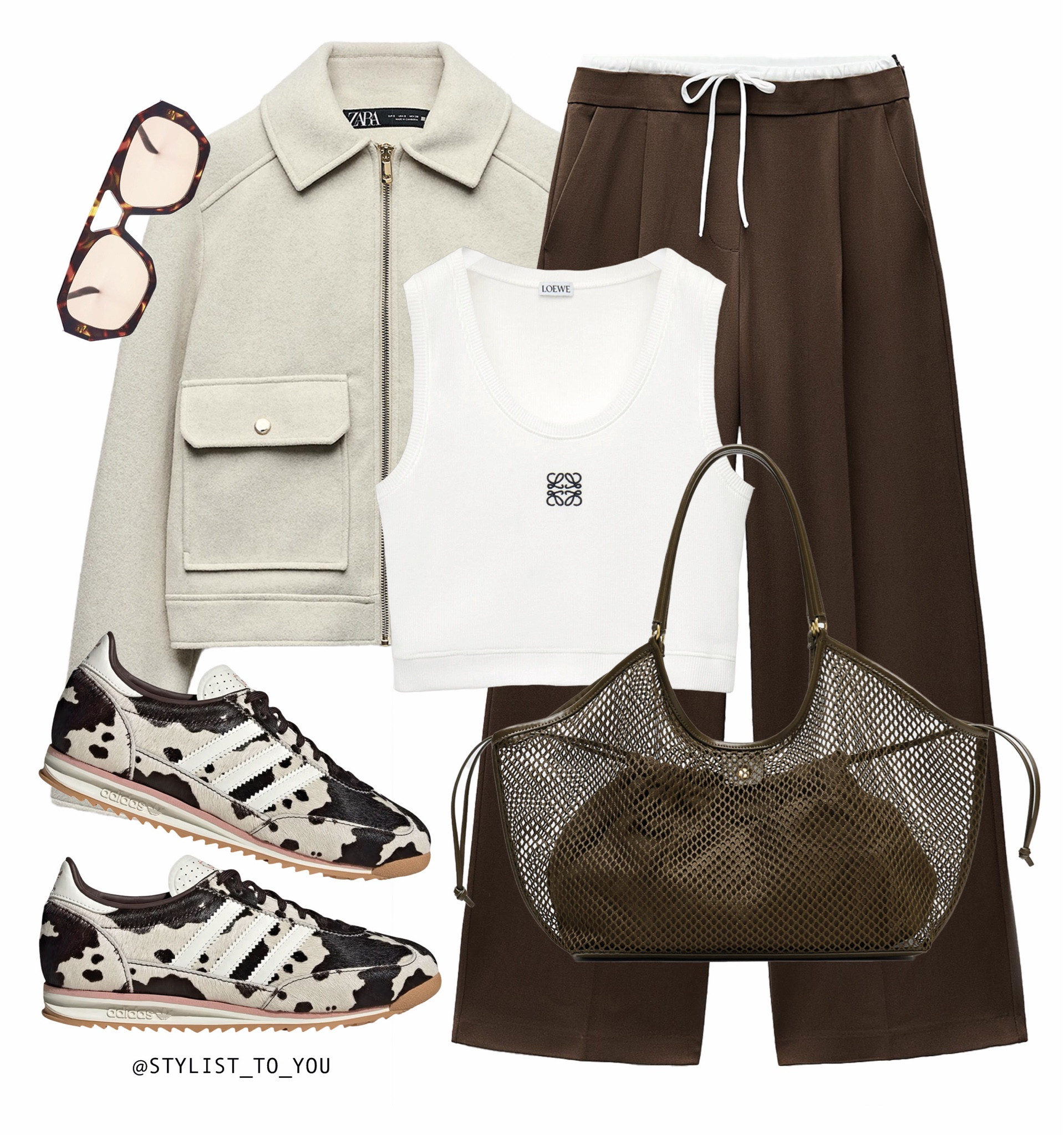 SL 72 but make it cow print 🐄 launching 19th Feb but in the meantime I’ve tagged a bargain alternative while stocks last

A neutral-toned casual outfit featuring brown wide-leg sweatpants with double contrast waistband and drawstrings, a white Hermes cropped tank vest top with a small black embroidered logo motif, and a light beige cream ecru zip-up collar jacket with front pockets. Accessories include oversized tortoiseshell aviator sunglasses, a khaki mesh tote bag with a drawstring pouch inside, and black-and-white cow print Adidas SL 72 sneakers with white stripes and gum soles. The outfit blends earthy tones with statement footwear for a trendy yet comfortable streetwear look. Cowhide print sneakers, Adidas SL 72, wide-leg sweatpants, brown sweatpants, white crop top, Loewe tank top, street style outfit, neutral wardrobe, casual chic, athleisure fashion, Zara wool jacket, minimalist outfit, sporty fashion, trendy sneakers, mesh tote bag, oversized sunglasses, fall fashion, winter outfit, streetwear aesthetic, chic loungewear, monochrome outfit, fashion inspiration, designer casualwear, statement trainers, capsule wardrobe, stylish layering, comfortable fashion, luxe casual, relaxed outfit, earthy tones, modern essentials, soft textures, weekend style, elevated basics, effortless fashion, minimalist chic, fashion-forward trainers, trainer trends 2025, cozy yet stylish, sporty luxe, ss25 print trends monochrome neutrals, fashion blogger style, elevated streetwear, trending footwear, timeless casualwear, capsule collection, relaxed fit outfit, everyday fashion, laid-back elegance, animal print.


#LTKshoes #LTKuk #LTKFashionMonth