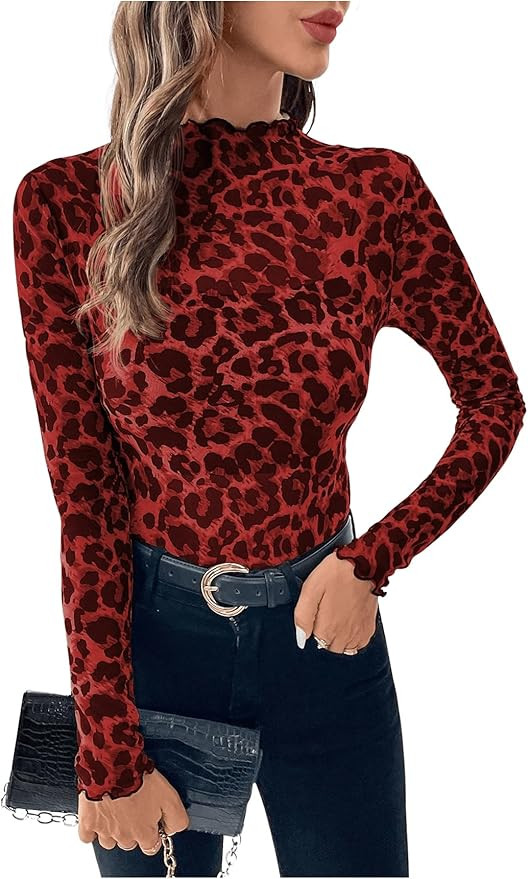 WDIRARA Women's Sheer Leopard Print Lettuce Trim Top Mock Neck Long Sleeve T Shirt Mesh Crop Tops | Amazon (US)
