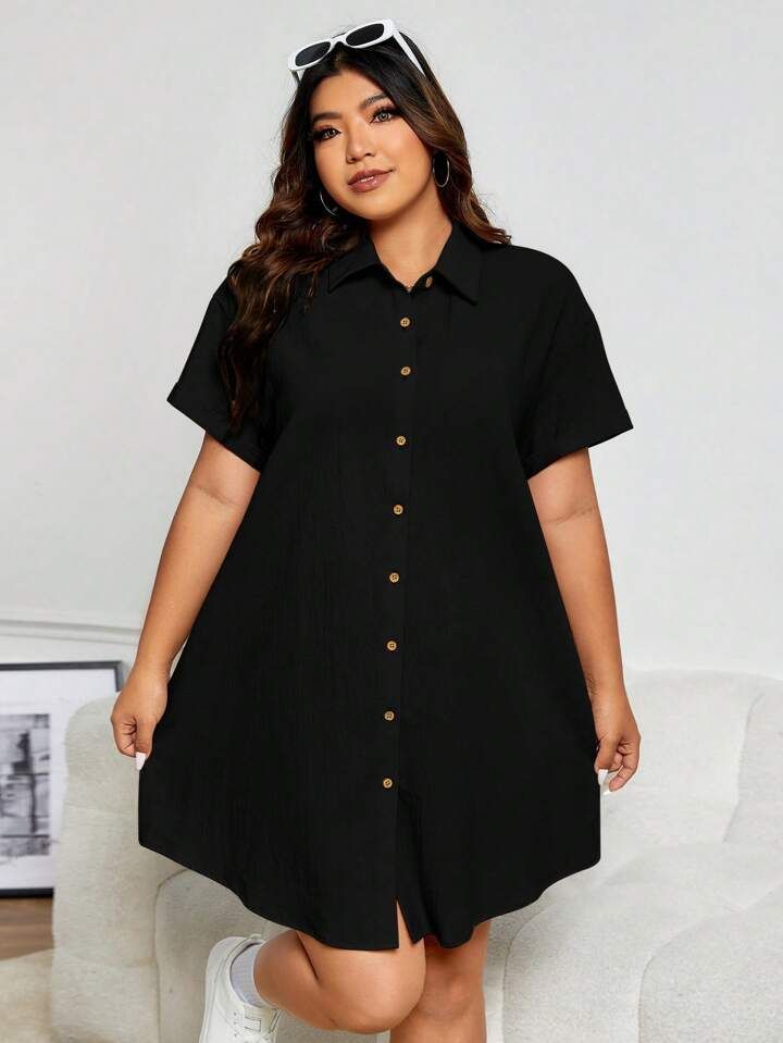 SHEIN EZwear Plus Button Front Shirt Dress | SHEIN