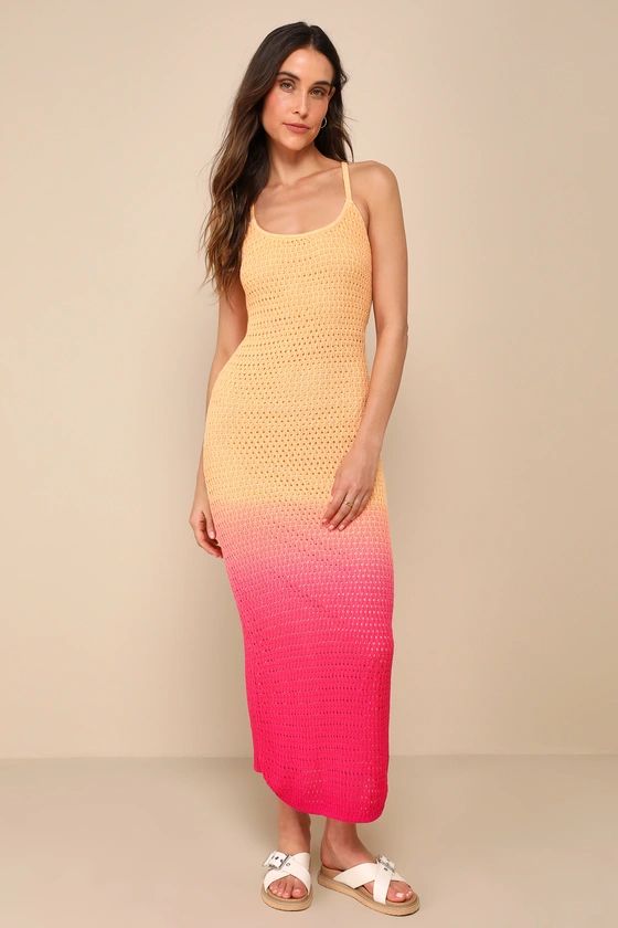 Sunset Beauty Orange and Pink Ombre Crochet Knit Midi Dress | Lulus