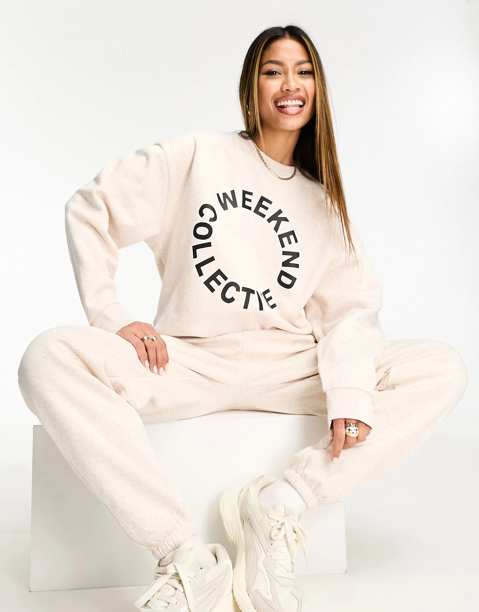 ASOS Weekend Collective oversized sweatshirt with black logo in oatmeal heather - part of a set | ASOS (Global)