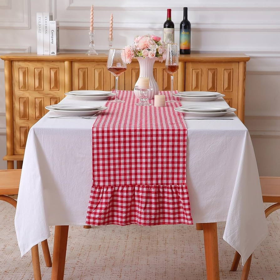 Red White Plaid Gingham Ruffle Table Runner 120 inches Long Christmas 100% Washed Cotton Decorati... | Amazon (US)