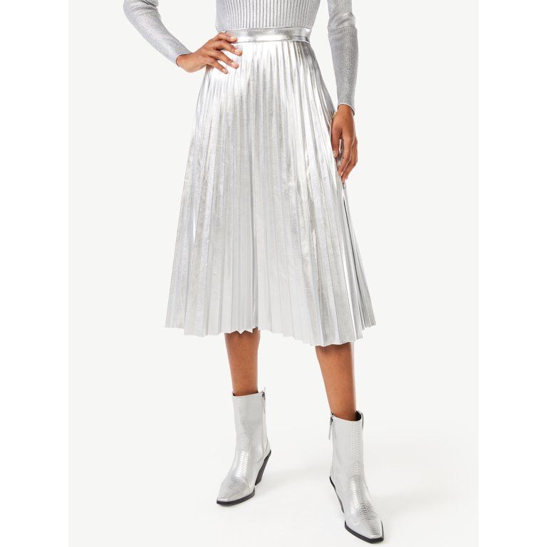 Scoop Women's Metallic Faux Leather Pleated Skirt - Walmart.com | Walmart (US)