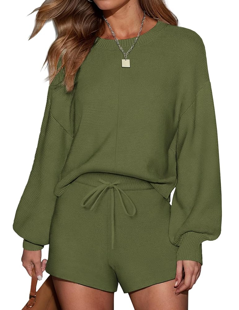 Ekouaer Womens 2 Piece Knit Sweatsuit Long Sleeve Tops and Shorts Pajamas Fashion Outfits Casual ... | Amazon (US)