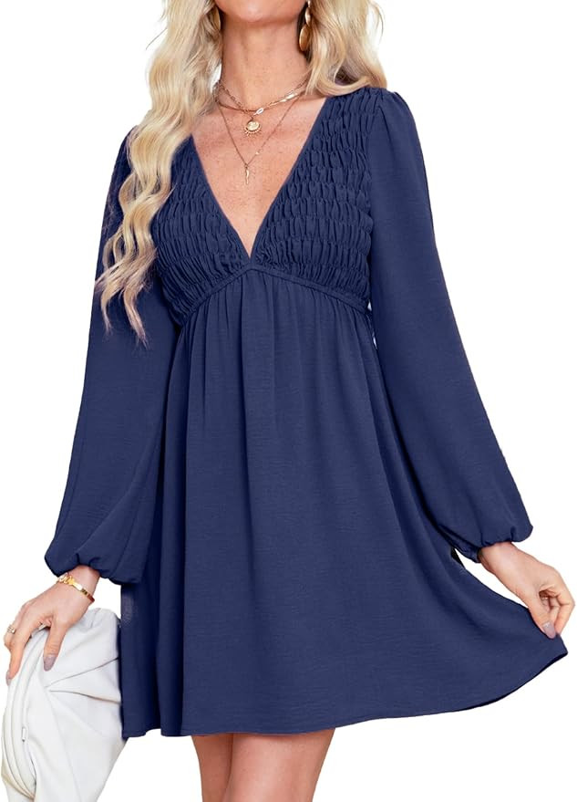 BerryGo Women's Casual Long Sleeve Babydoll Flowy Dress V Neck Swing Party Mini Dress with Pocket... | Amazon (US)