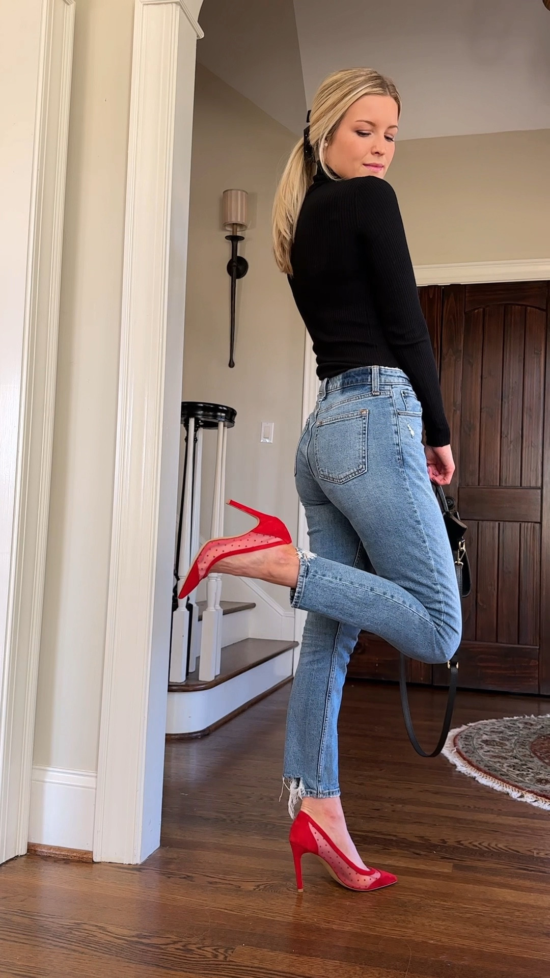 Valentines outfit inspo. Casual date night, skinny jeans, red heels, black turtleneck  

#LTKunder100 #LTKFind #LTKshoecrush