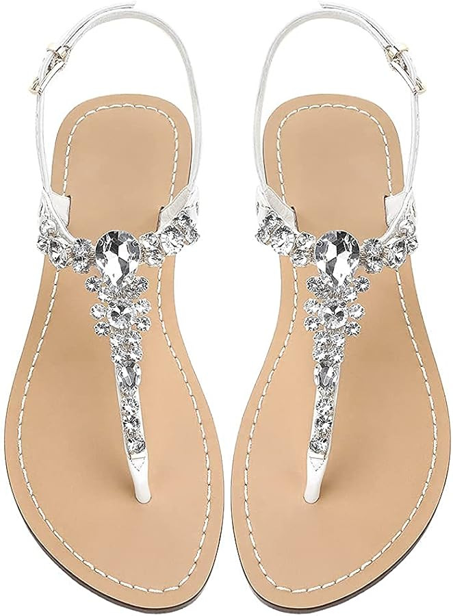 Women's Rhinestone Flat Sandals, Women Flip Flops with Clip Toe RingBeadeed Rhinestone Crystal Je... | Amazon (US)