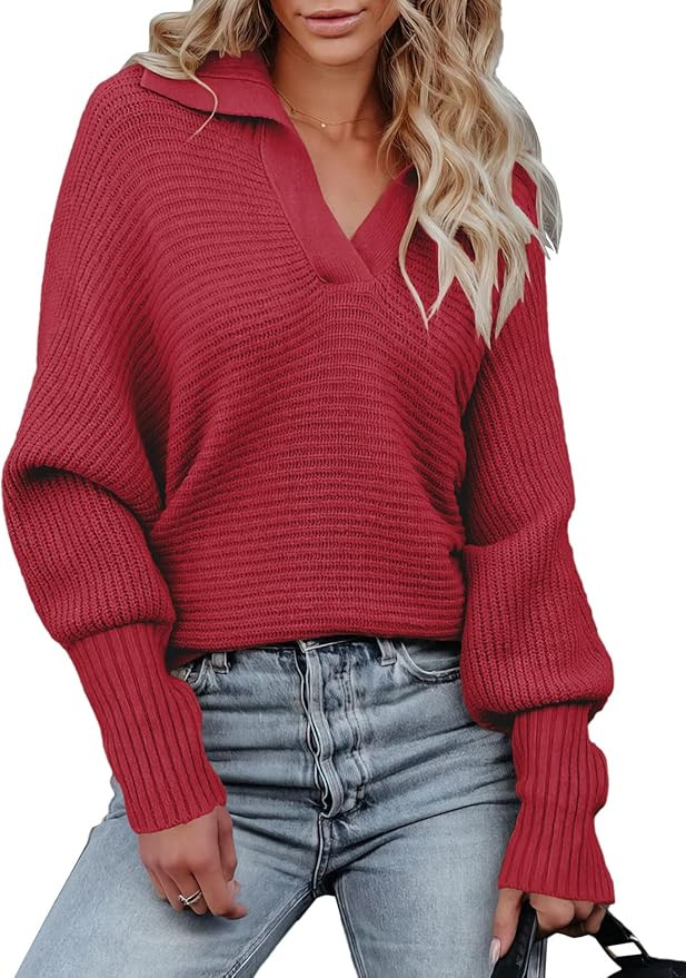 ANRABESS Women's 2022 Fall Sweater Batwing Long Sleeve Henley V Neck Ribbed Knit Casual Loose Pul... | Amazon (US)
