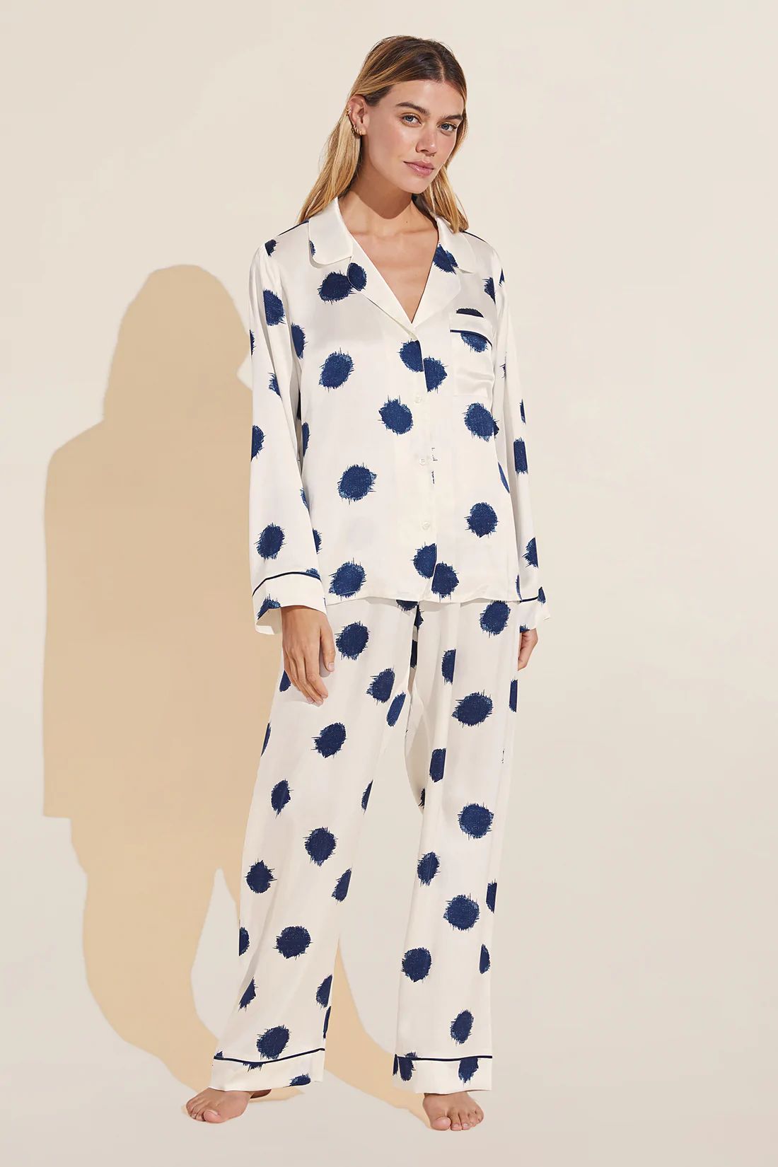 Inez Washable Silk Printed Long PJ Set - Artist Dot Ivory/Navy - Eberjey | Eberjey