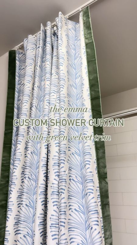 The cutest custom shower curtain from Pepper Home using the easiest adhesive curtain track to keep it flush to the ceiling (and so easy to slide back and forth)! I also ordered matching monogrammed towels from Weezie to match the blue pattern and green velvet trim. Home hack, bathroom design, bath decor, preppy style, classic home.

#LTKstyletip #LTKVideo #LTKhome
