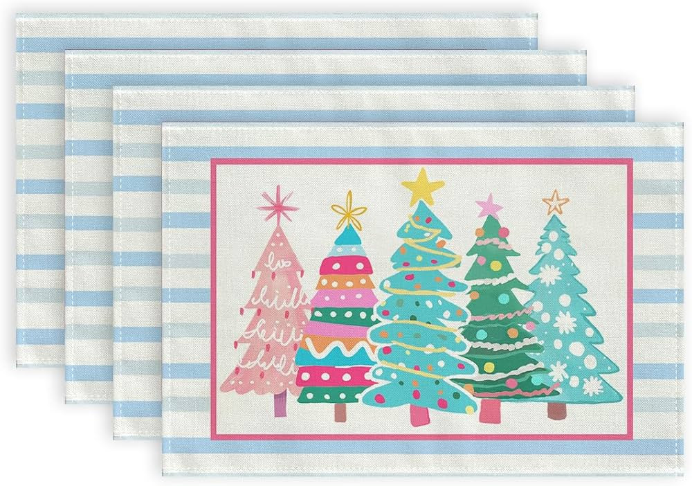GEEORY Christmas Placemats 12x18 Inch Set of 4, Xmas Trees Striped Winter Seasonal Holiday Farmho... | Amazon (US)