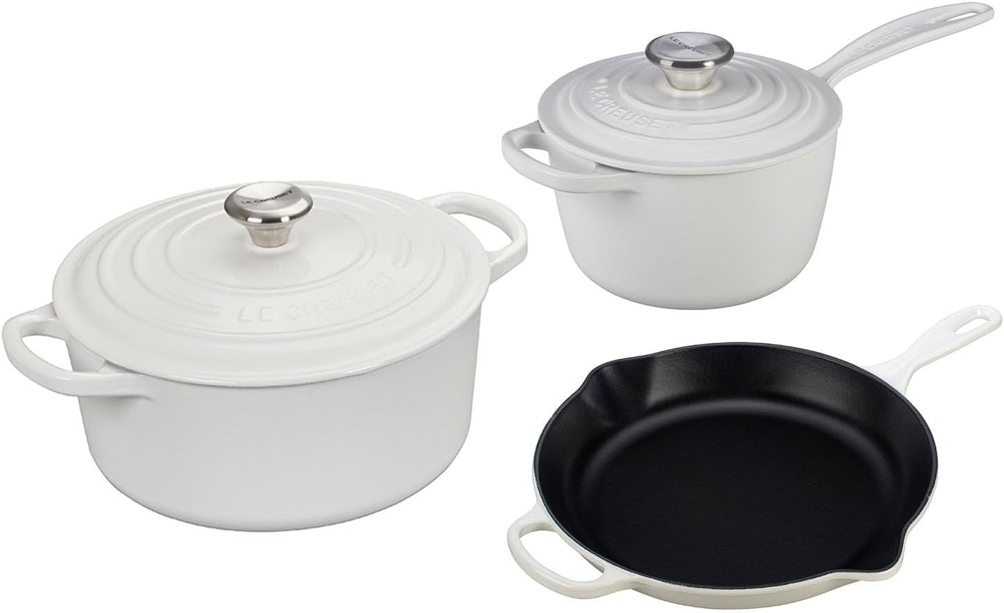 Le Creuset Enameled Cast Iron Starter Cookware Set, 5 Piece, White       Add to Logie | Amazon (US)