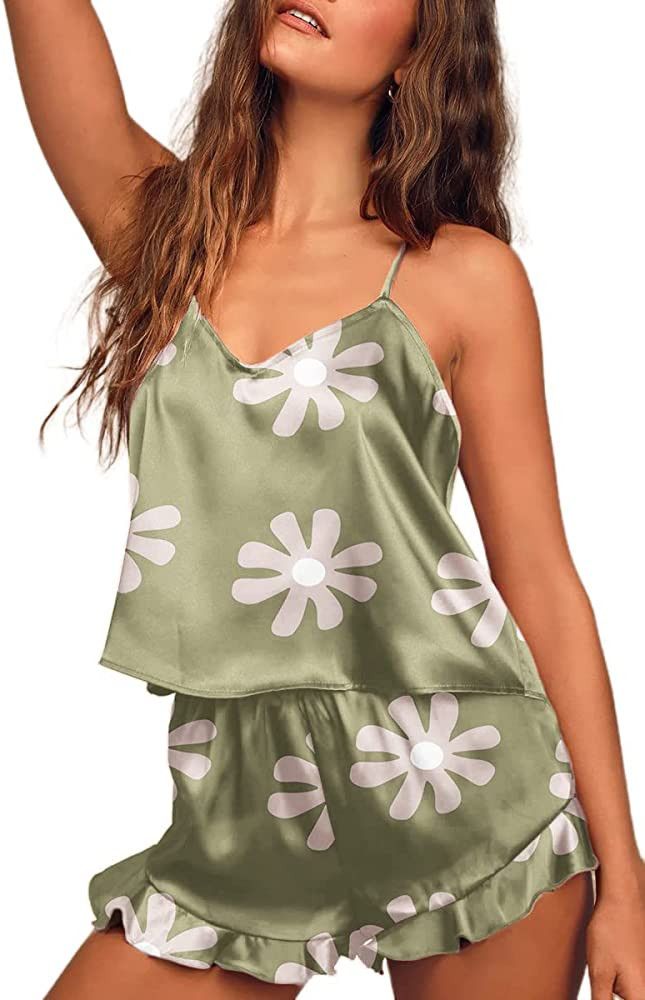 Ekouaer 2Packs Women Silk Ruffle Pajamas Set | Amazon (US)