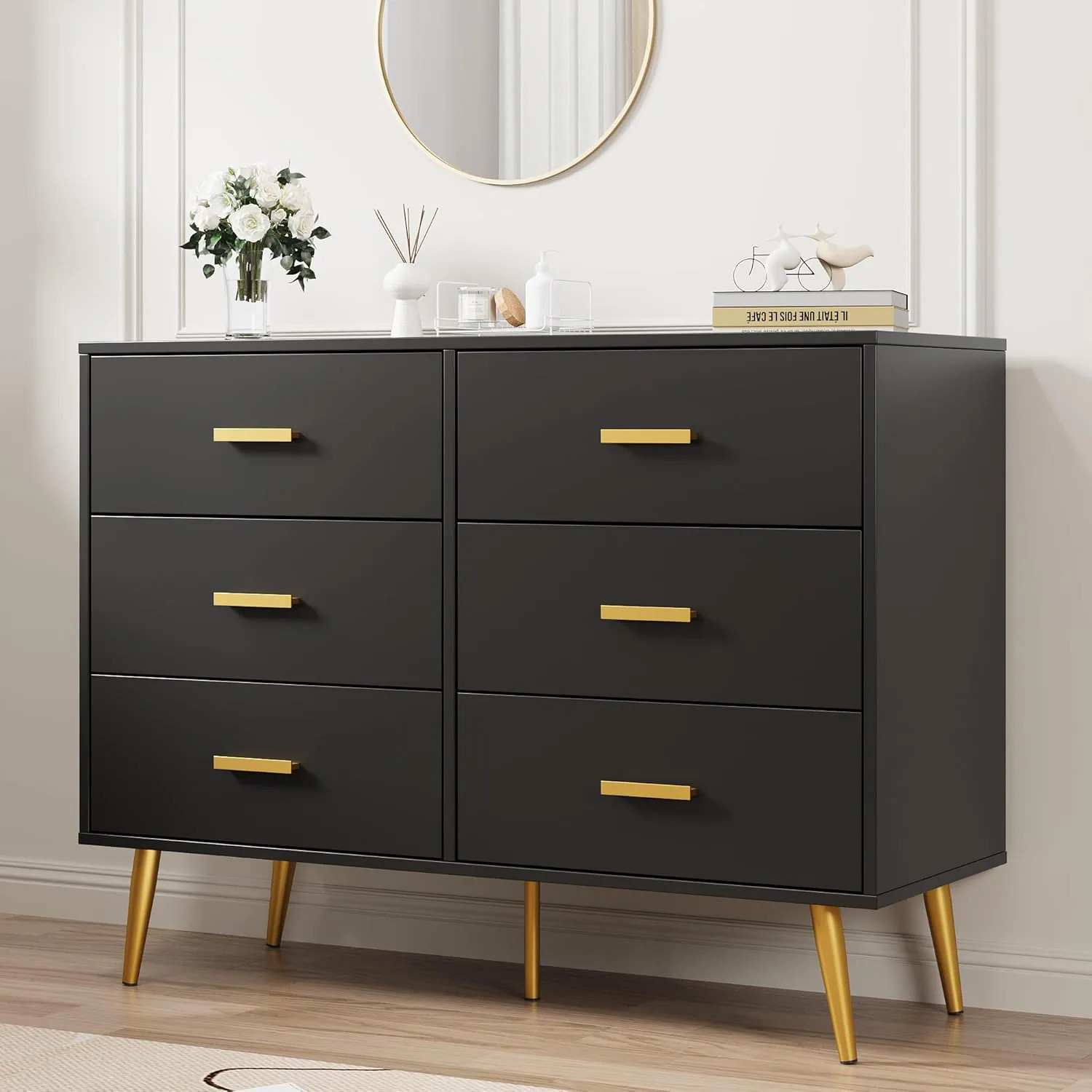 Qeetex 6 Drawer Dresser with Storage Space - Modern Wooden Dresser with Gold Handles - Chest Dresser with Deep Drawers for Bedroom/Living Room and | Lowe's