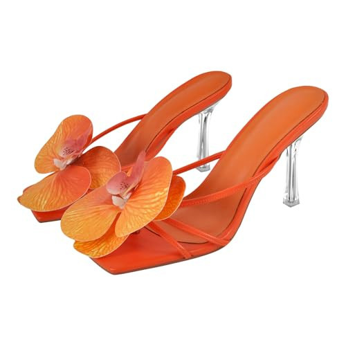 sexytag Clear Kitten Heels Floral Thong Sandals Orchid Flower Stiletto Heels Slip On Open Toe Heeled Mules Summer Dress Beach Shoes Orange Size 9.5 | Amazon (US)