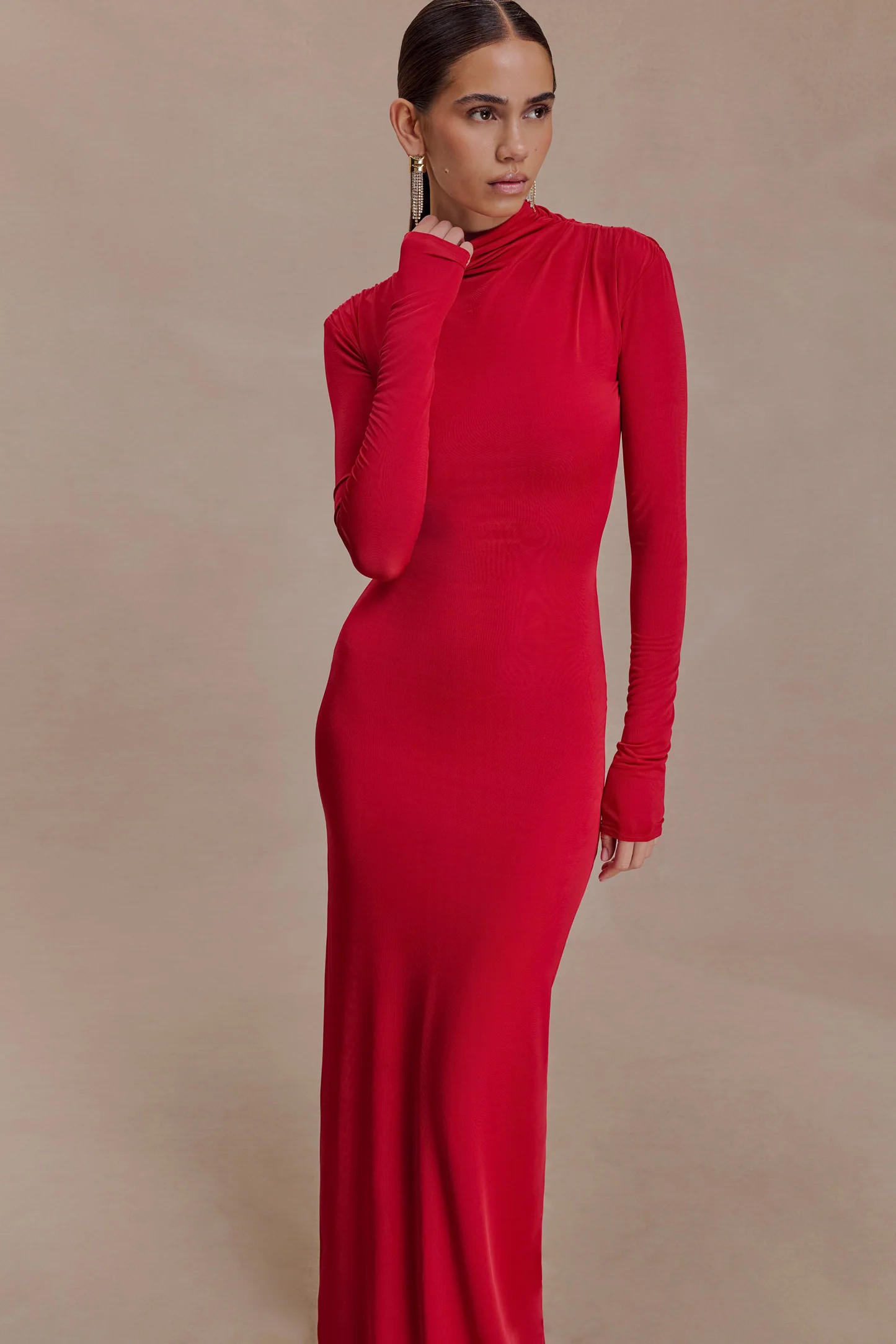 Kiyah Slinky Cut Out Maxi Dress - Red | MESHKI US