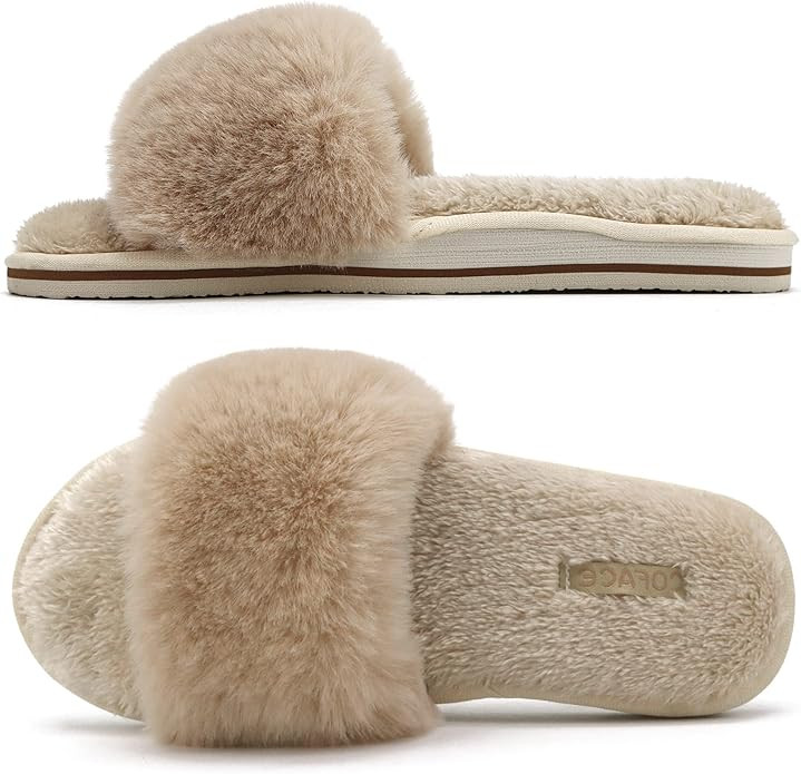 COFACE Womens Slides Fuzzy Slippers Open Toe Fluffy Slippers With Arch Support Plantar Fasciitis ... | Amazon (US)