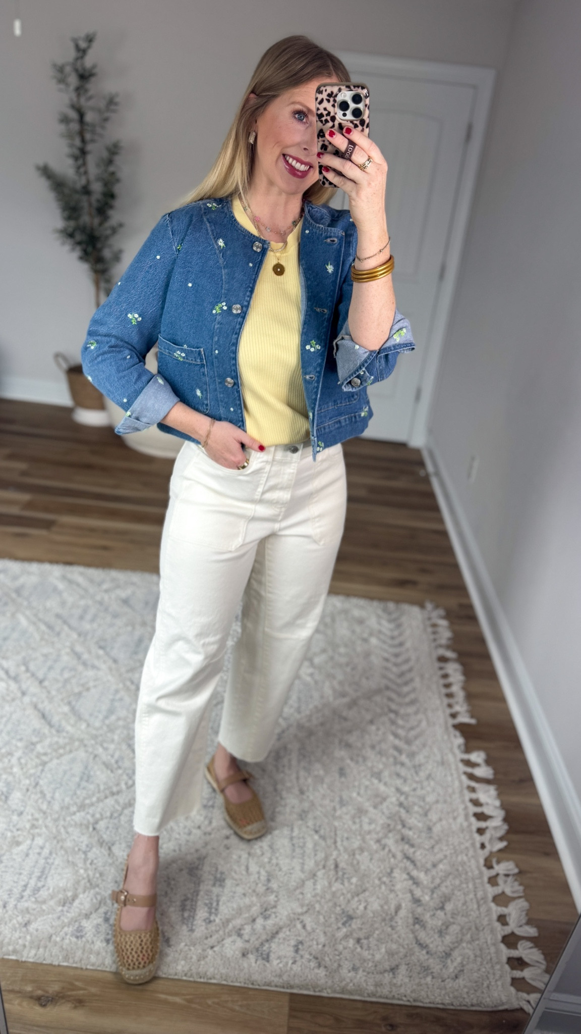 Daily try on, Walmart outfit, Walmart fashion, Walmart try on, floral embroidered jean jacket, white jeans 

#LTKgrwm #LTKWorkwear #LTKootd