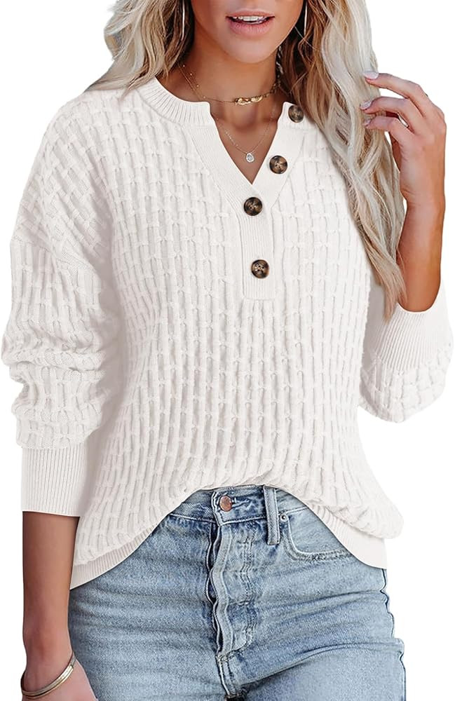 Dokotoo Womens Sweaters 2024 Casual Long Sleeve V Neck Textured Button Fall Sweater Loose Fit Pul... | Amazon (US)