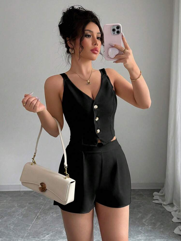 Chiquease Apricot Color Casual&Commute Solid Front Button Up Top With Shorts 2 Pieces Set For Women | SHEIN