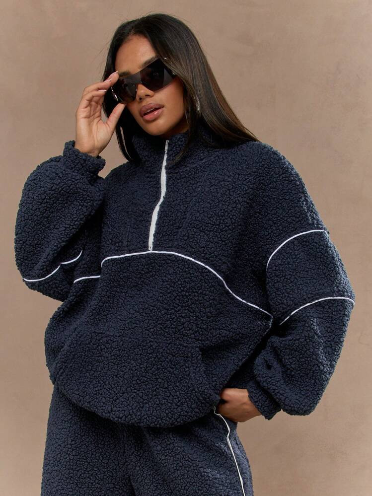 MISSGUIDED Contrast Piping Half Zip Long Sleeves Standing Collar Fleece Jacket,Three Quarter Slee... | SHEIN