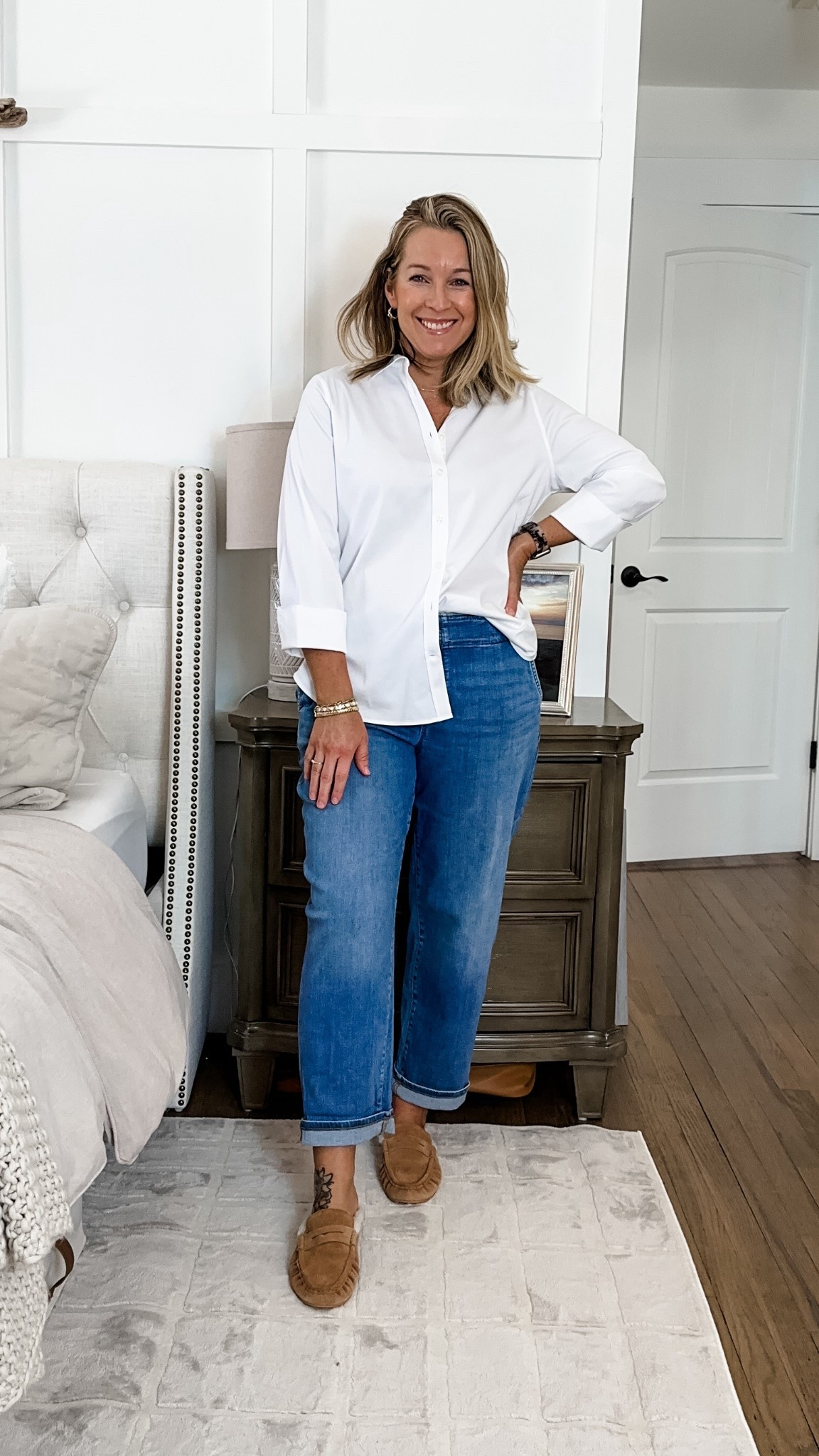 The softest denims and materials! This no iron white button down is 🤌🏼 the jeans are all stretchy and delicious. THE comfiest. Sizing below. I MAY size down one in the blue jeans. 

SIZING IS HERE AND IN LTK:
Classic Collared Denim Tunic: M 8/10
Pull-On Boyfriend Cropped Jeans: M 8/10
Striped Ribbed Button Crewneck Tee: M 8/10
Girlfriend Slim Ankle Jeans: M/8
Denim Tie Midi Shirtdress: M 8/10
Seeded Pull-On Wide-Leg Jeans: M/8
No Iron™ Stretch Shirt: M 8/10
ALL JEANS ARE REGULAR LENGTH 





#LTKMidsize #LTKootd #LTKPetite