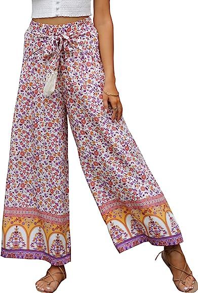 Miessial Women's Summer Boho Tie Waist Pants Loose Wide Leg Beach Hippie Pants with Tassel | Amazon (US)