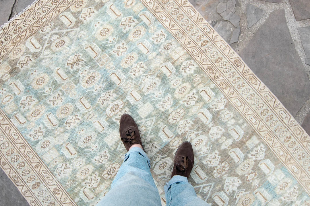 Antique 4’1” x 6’ Rug Allover Geometric Floral Beige Blues Brown Hand Knotted Wool Area Rug... | Etsy (US)