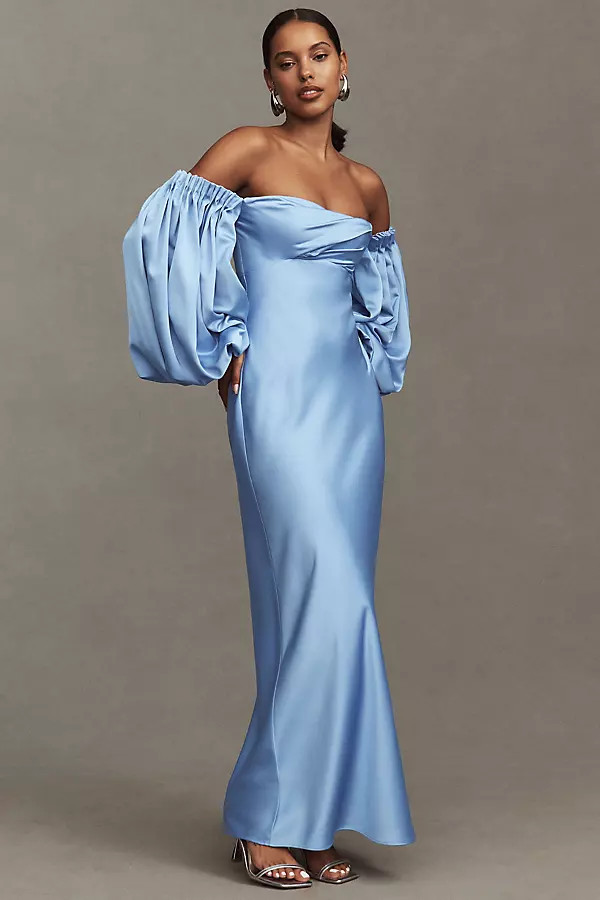 Danika Long-Sleeve Off-The-Shoulder Satin Maxi Dress | Anthropologie (US)