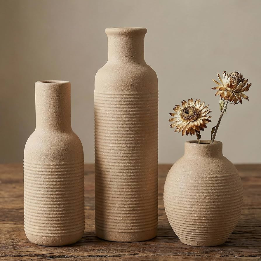 Rustic Farmhouse Vase Set of 3 - Ceramic Decorative Modern Flowers Vases Home Decor - Pampas Gras... | Amazon (US)