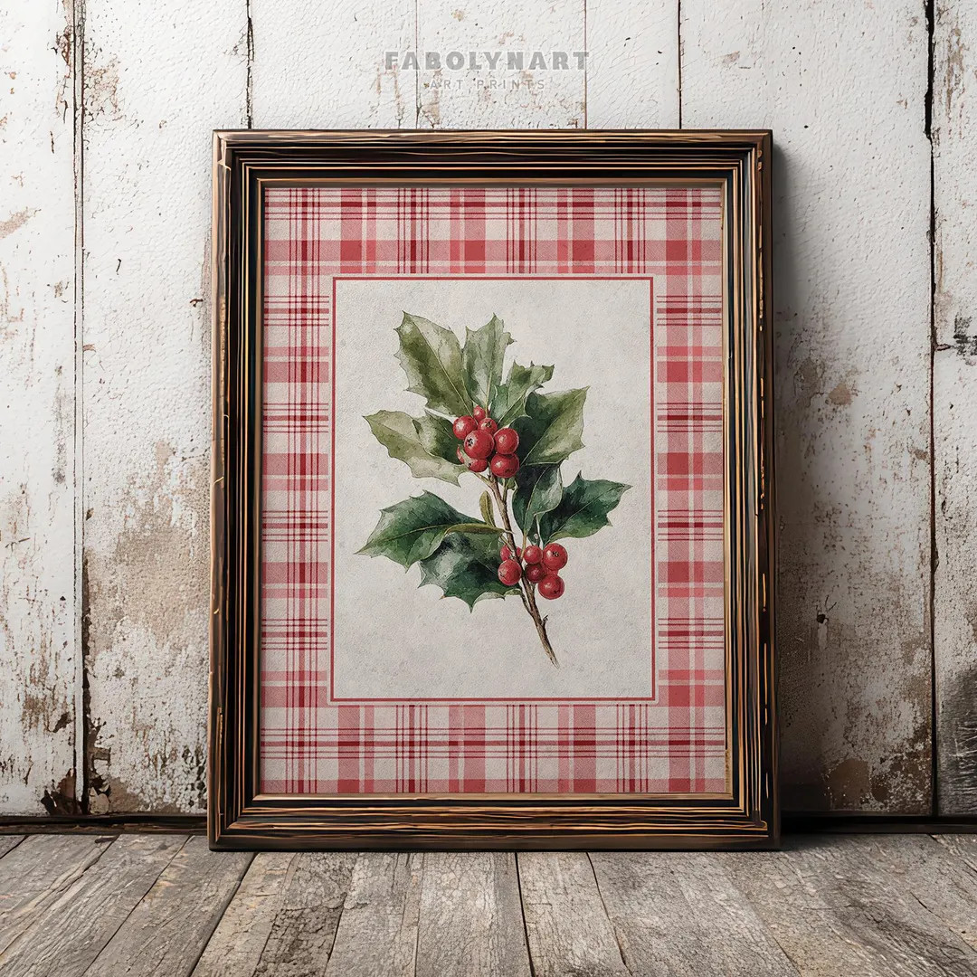 Vintage Christmas Holly Print, Rustic Red Plaid Holiday Decor, Retro Festive Wall Art Print - Ets... | Etsy (US)