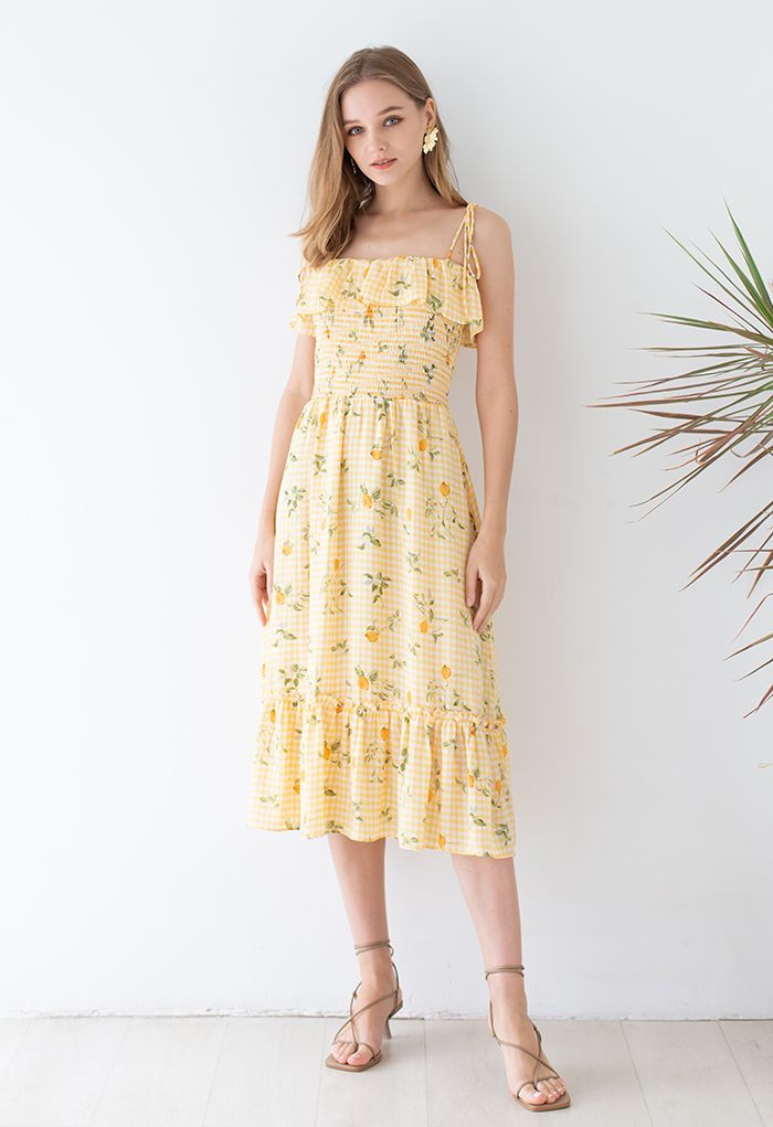 Lemon and Gingham Print Shirred Midi Dress | Chicwish