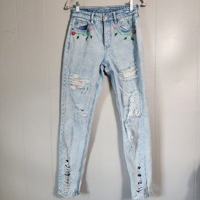 Upcycled Cottage Boho Shabby Chic Hand Embroidered Floral Rose High Rise Jeans 0 | eBay US