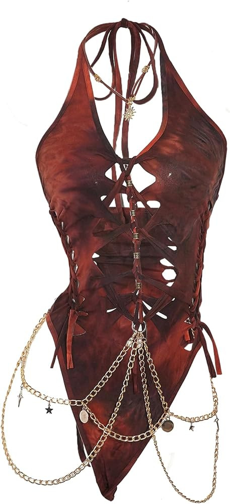 Floerns Women's Gothic Cut Out Lace Up Bodysuit Going Out Halter Neck Rave Body Suits | Amazon (US)