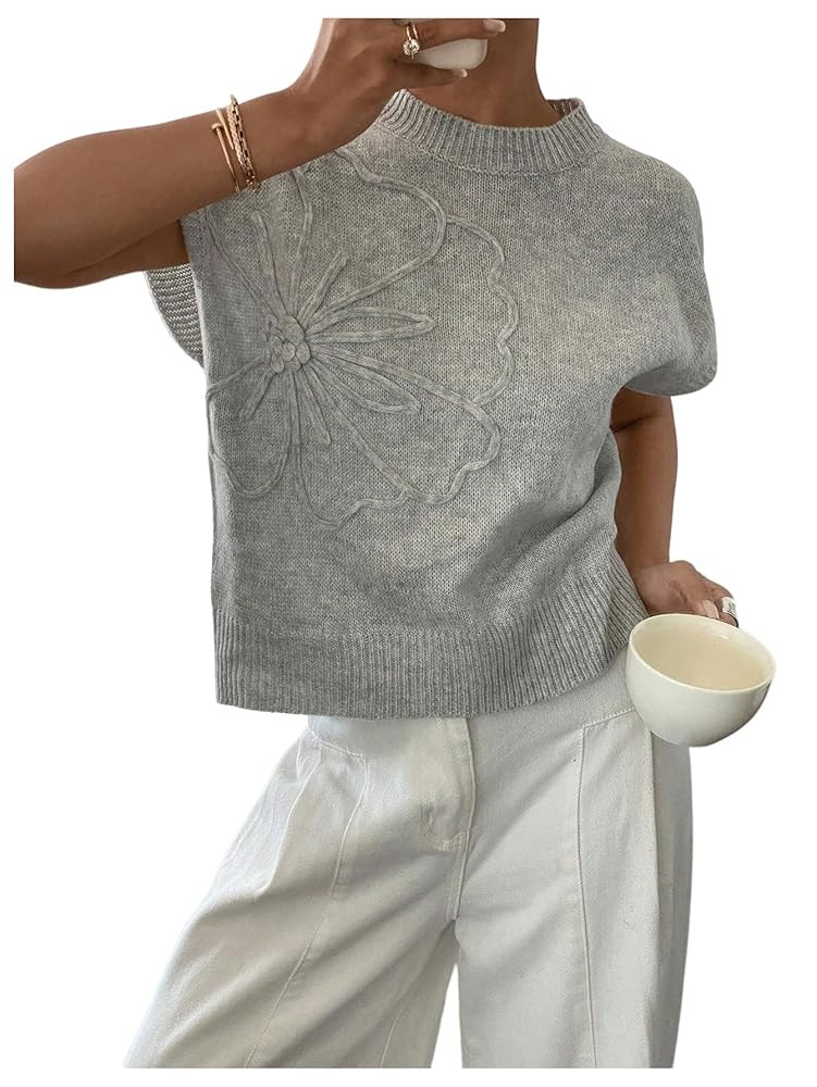 SOLY HUX Women's Ribbed Sweater Crew Neck Short Sleeve Loose Fit Floral Knit Pullover Tops | Amazon (US)