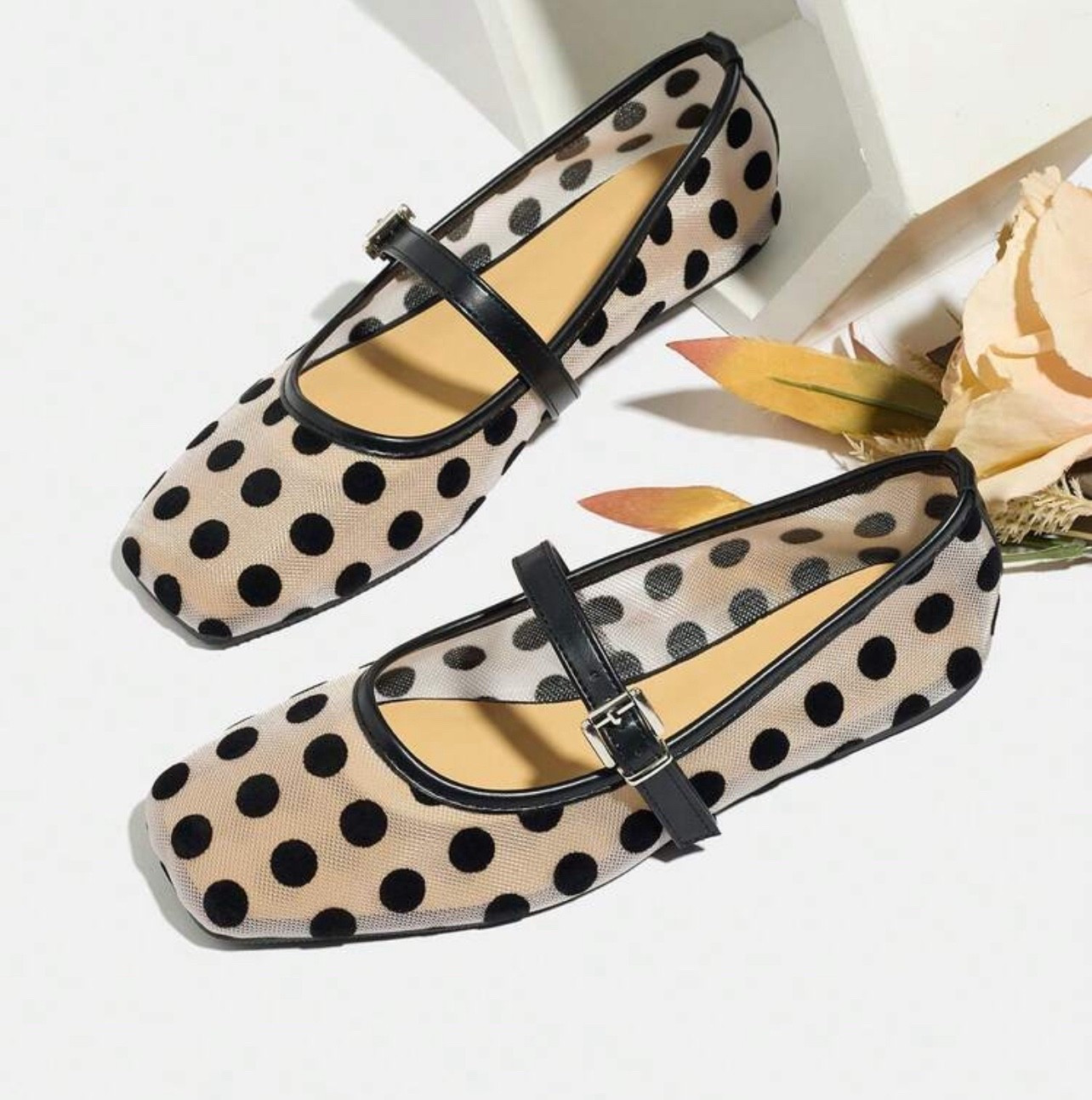 Square Toe Apricot Polka Dot Mary Jane Shoes For Women, 2026 New Summer Versatile Strap Hollow Mesh Breathable Low Heel Casual Outdoor Walking Comfortable Shoes For Wide Feet