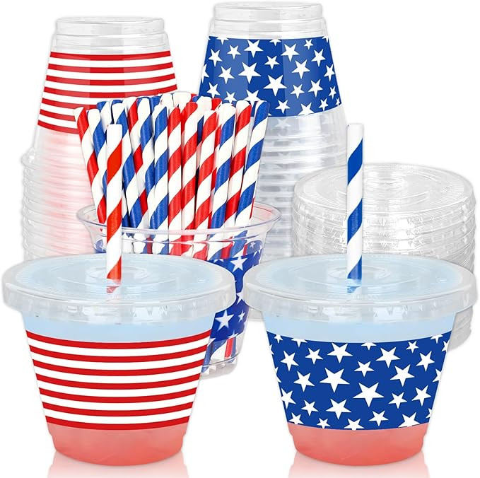 Whaline 100 Pcs 9Oz Patriotic Disposable Plastic Cups with Lids and Straws Red Blue 4th of July S... | Amazon (US)