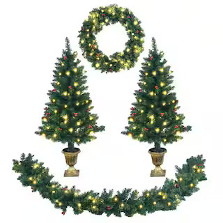 Costway 9 ft. Pre-Lit Christmas Decoration Set Artificial Christmas Garland Wreath and Entrance T... | The Home Depot