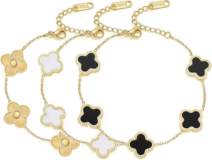 3Pcs Lucky Clover Bracelet Jewelry Set for Women Girls 18K Gold Plated Titanium Steel Simple Cute... | Amazon (US)