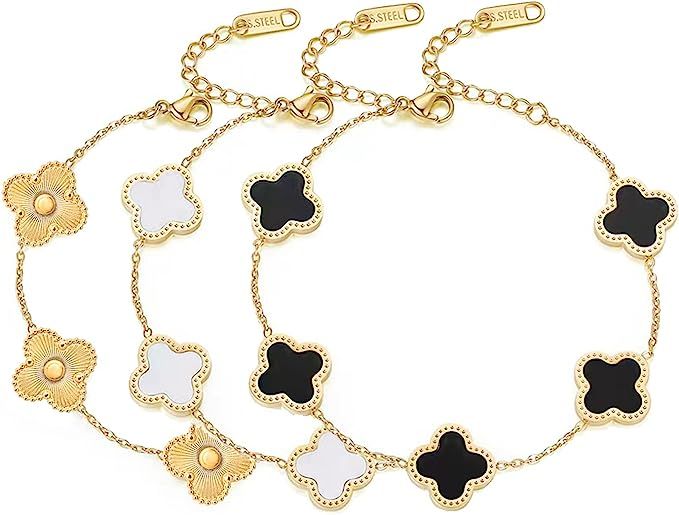 3Pcs Lucky Clover Bracelet Jewelry Set for Women Girls 18K Gold Plated Titanium Steel Simple Cute... | Amazon (US)