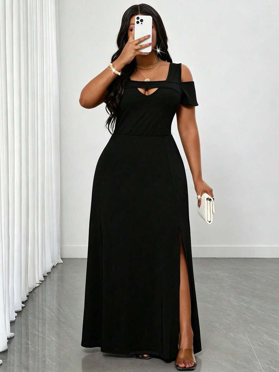 SHEIN Lady New Plus Size Women's Black Off-Shoulder Maxi Dress, Sexy & Charming, Slit Hem Long Dr... | SHEIN