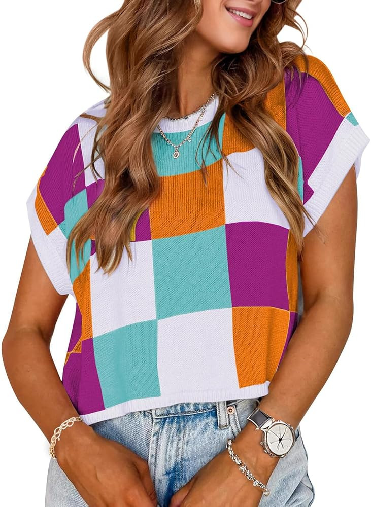 Womens Spring Crop Tops 2025 Cap Short Sleeve Sweater Vest Tank Loose Shirts Business Vacation Ou... | Amazon (US)
