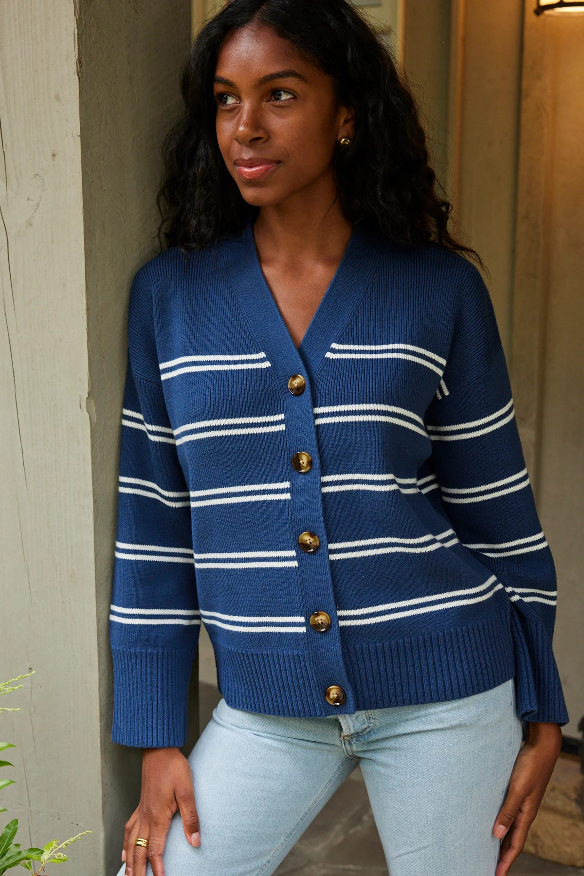 Nora Cotton Cardigan in Navy Ivory Stripe | Lake Pajamas