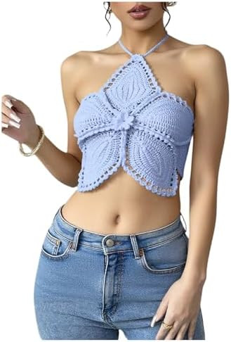 Milumia Women's Floral Crochet Beach Halter Top Y2k Tie Back Hollow Out Crop Tops | Amazon (US)