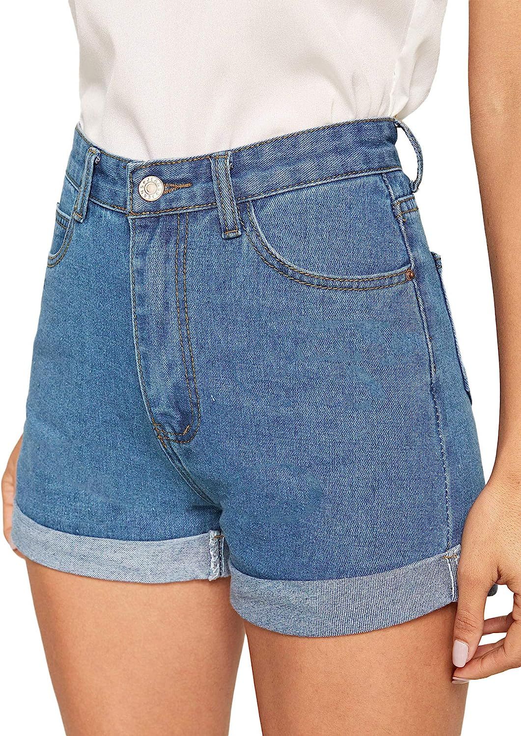 Milumia Women's Casual Mid Waist Rolled Hem Denim Jean Shorts with Pockets | Amazon (US)