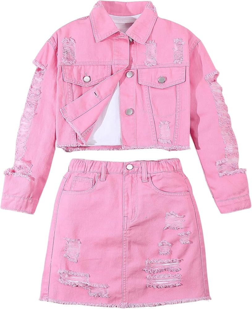 WDIRARA Girl's 2 Piece Outfits Ripped Button Down Jacket Elastic Waist Denim Skirt Set | Amazon (US)